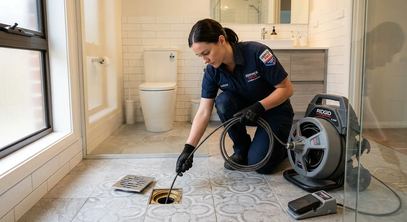 Technician clearing a bathroom floor drain for Sewer Line Installation in Newton